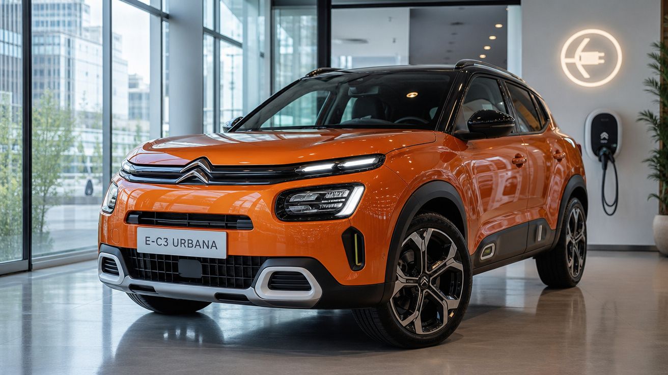 Carro elétrico Citroën E-C3 Urbana laranja em exposição interior com estação de carregamento na parede.