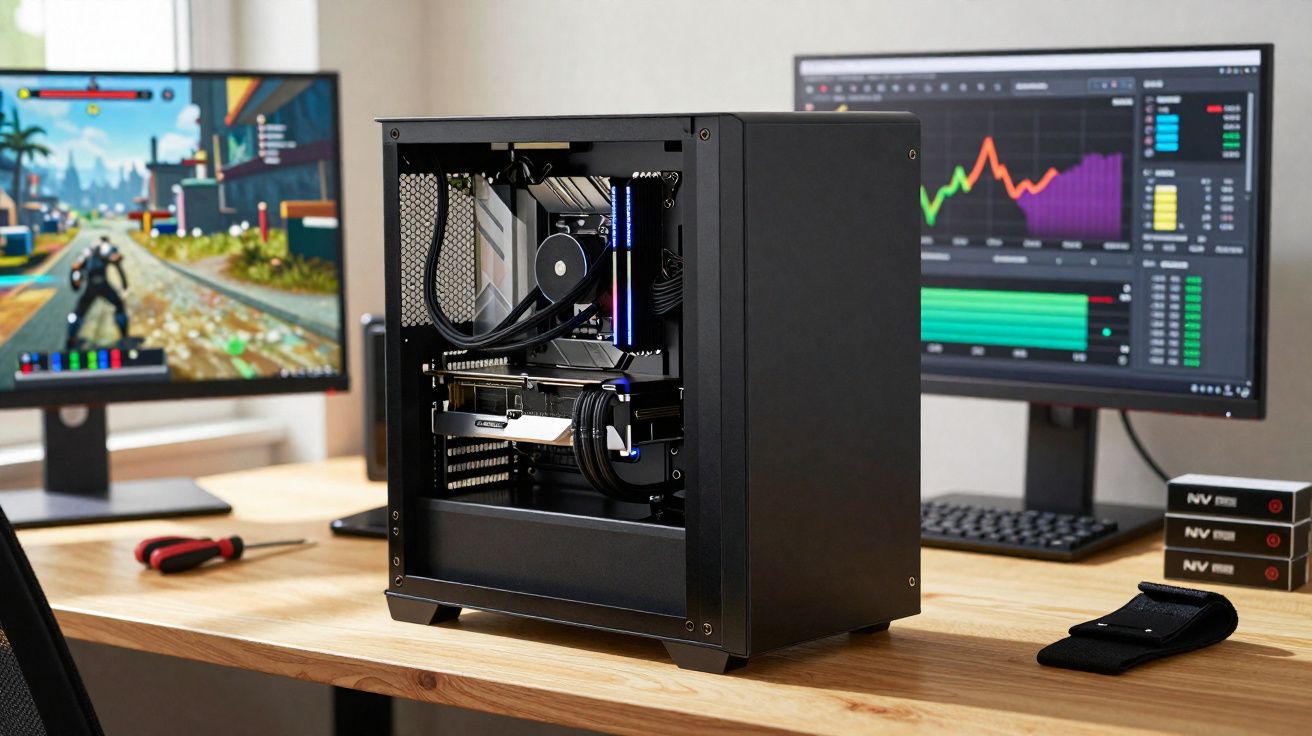 Computador desktop preto com componentes visíveis em secretária com dois ecrãs, um a mostrar jogo e outro gráficos financeiro