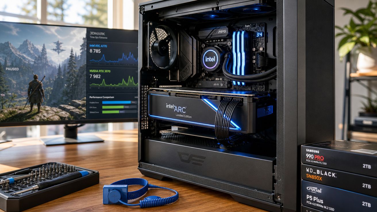 Computador desktop aberto com componentes Intel ARC e RTX, monitor com jogo e benchmarking, auscultadores azuis.