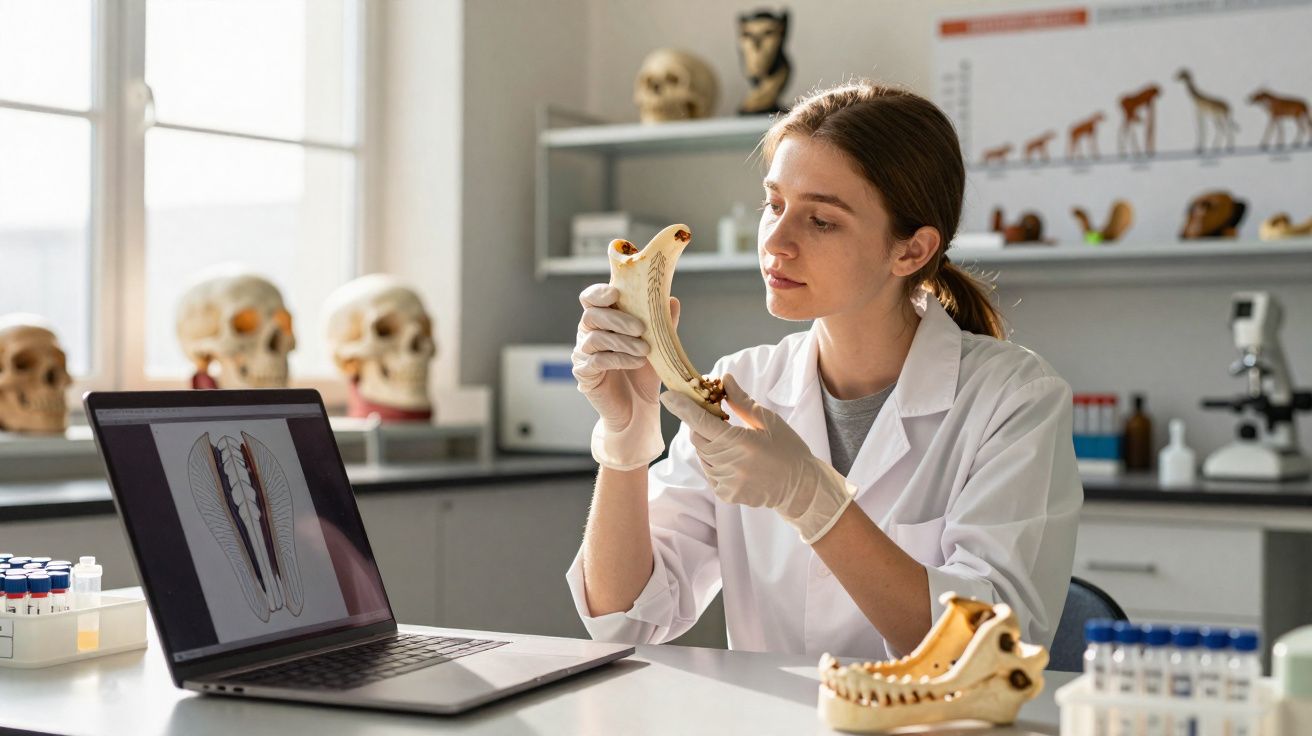 Cientista em laboratório a examinar uma mandíbula, com modelo 3D no ecrã do computador e crânios ao fundo.