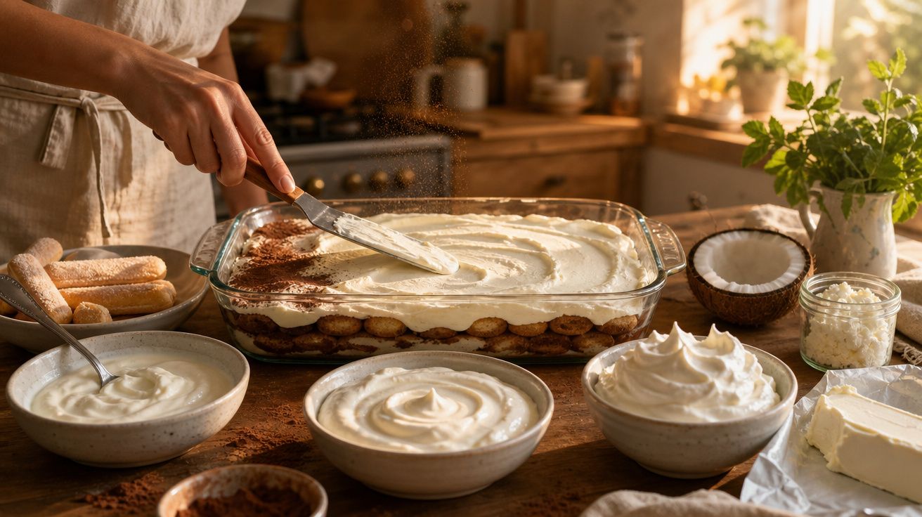 Pessoa a espalhar creme de mascarpone sobre tiramisù numa travessa de vidro numa cozinha iluminada a luz natural.