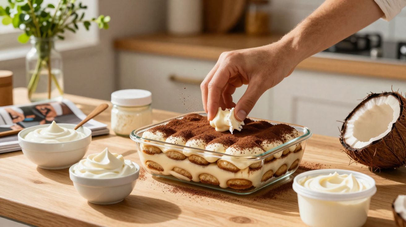 Mão a decorar tiramisú com creme, rodeado de tigelas com creme e metade de coco numa cozinha.