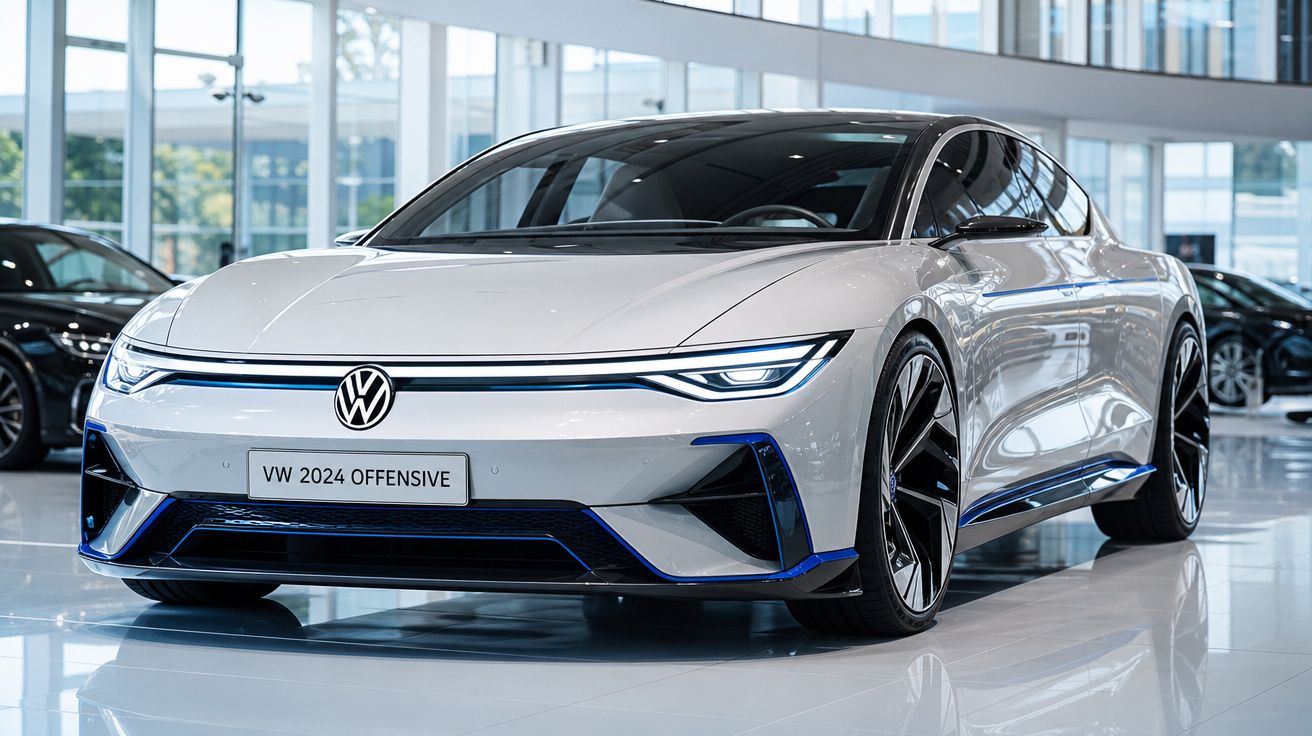 Carro elétrico VW 2024 Offensive branco exposto em salão moderno com grandes janelas.