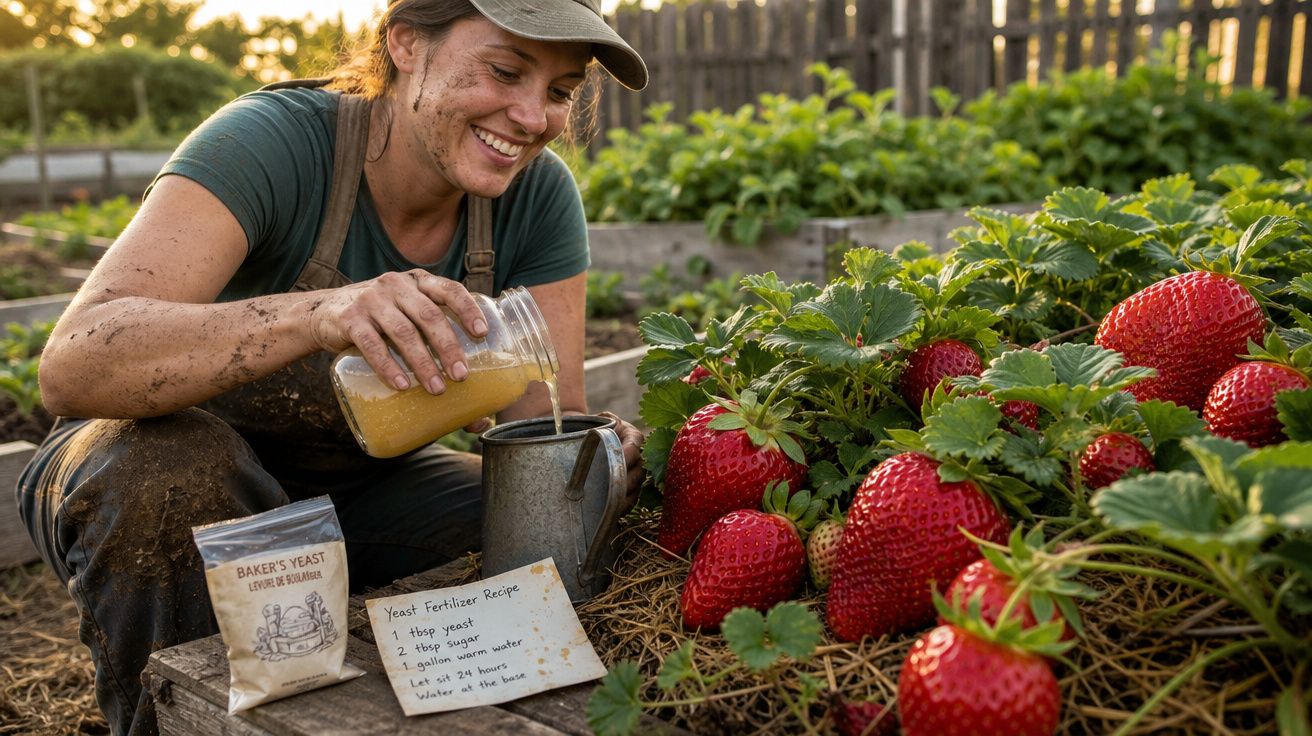 Agricultora sorridente a regar morangos maduros num campo, com saco de fermento e receita à sua frente.
