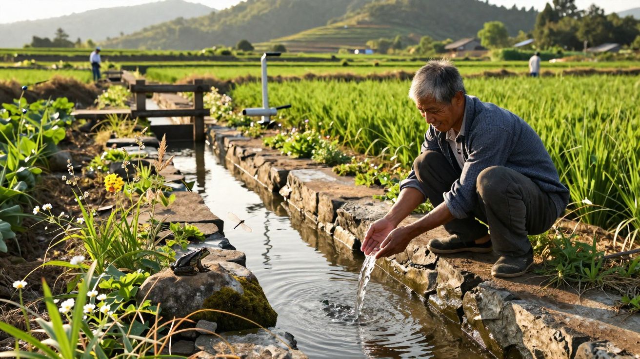 Homem asiático recolhe água num canal entre campos verdes com montanhas ao fundo ao pôr do sol.