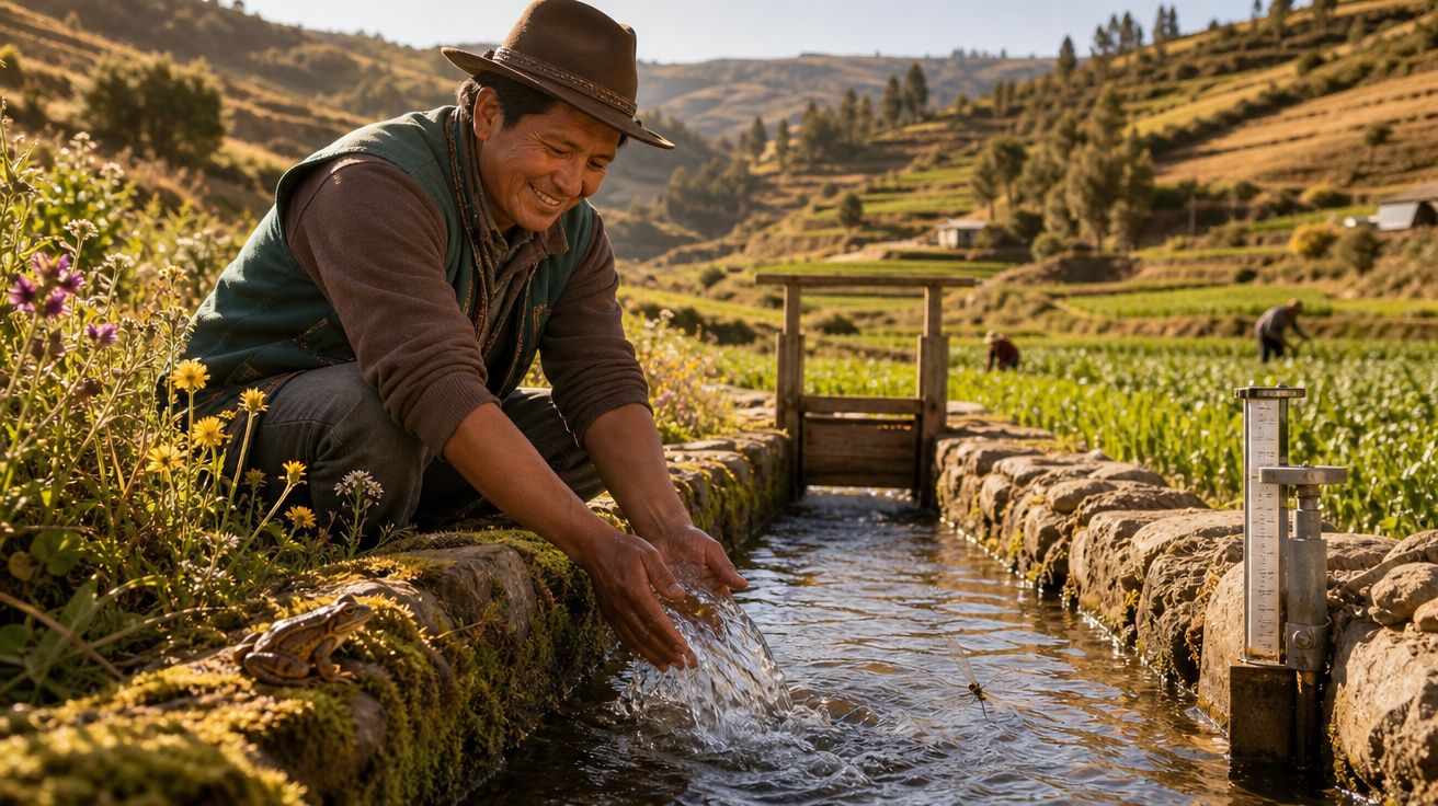 Homem a sorrir enquanto apanha água num canal de irrigação numa paisagem rural montanhosa.