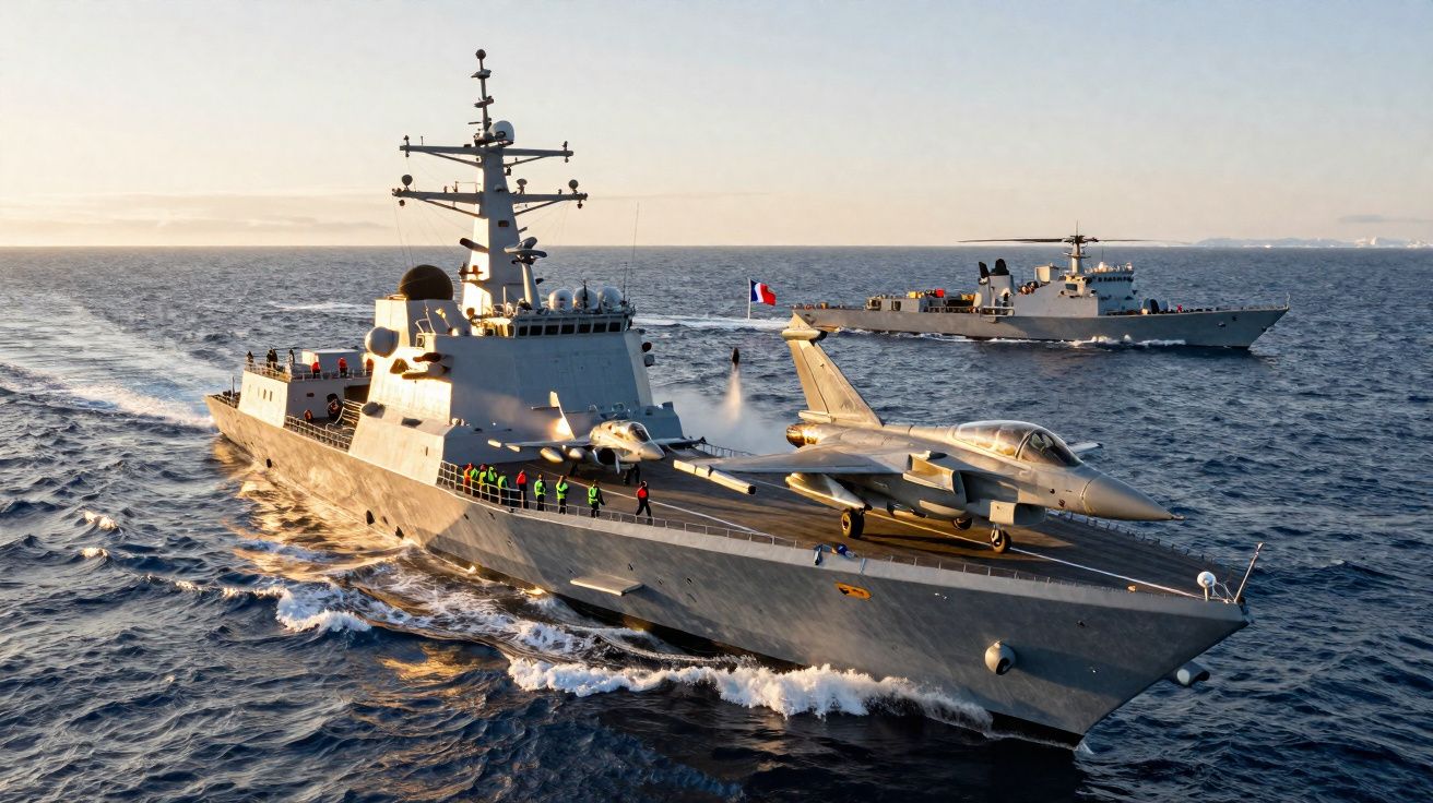 Cruzadores de guerra em mar aberto com um caça estacionado na proa do navio da frente ao amanhecer.