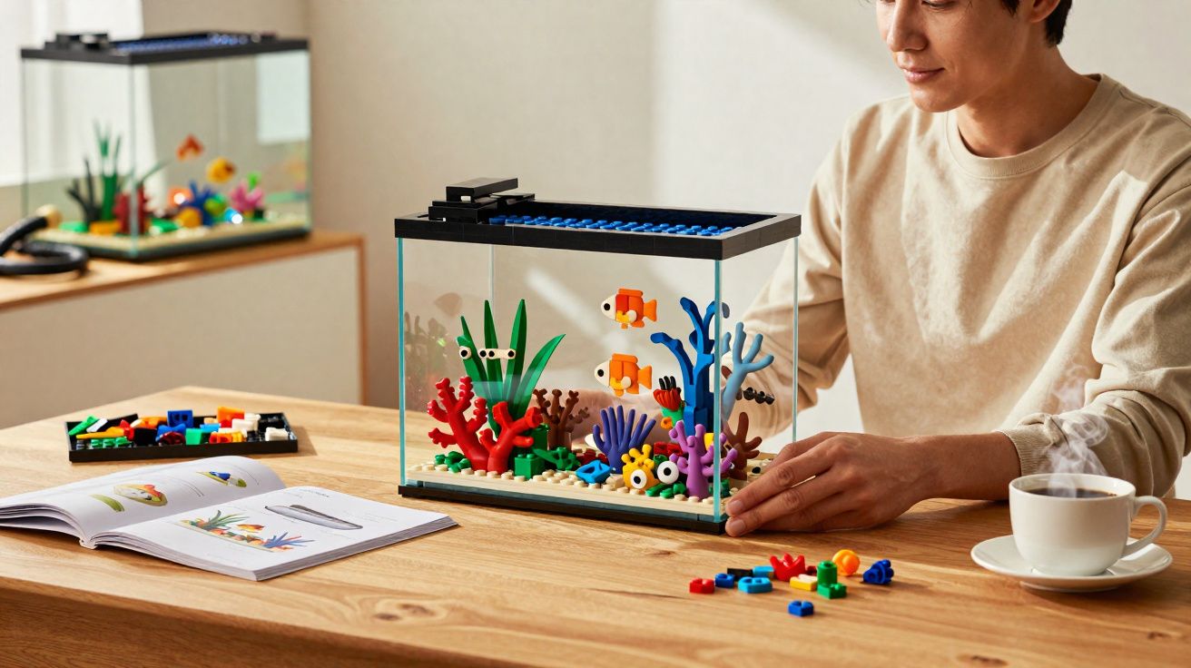 Pessoa a montar um aquário de peças de lego coloridas numa mesa de madeira clara, com chá ao lado.