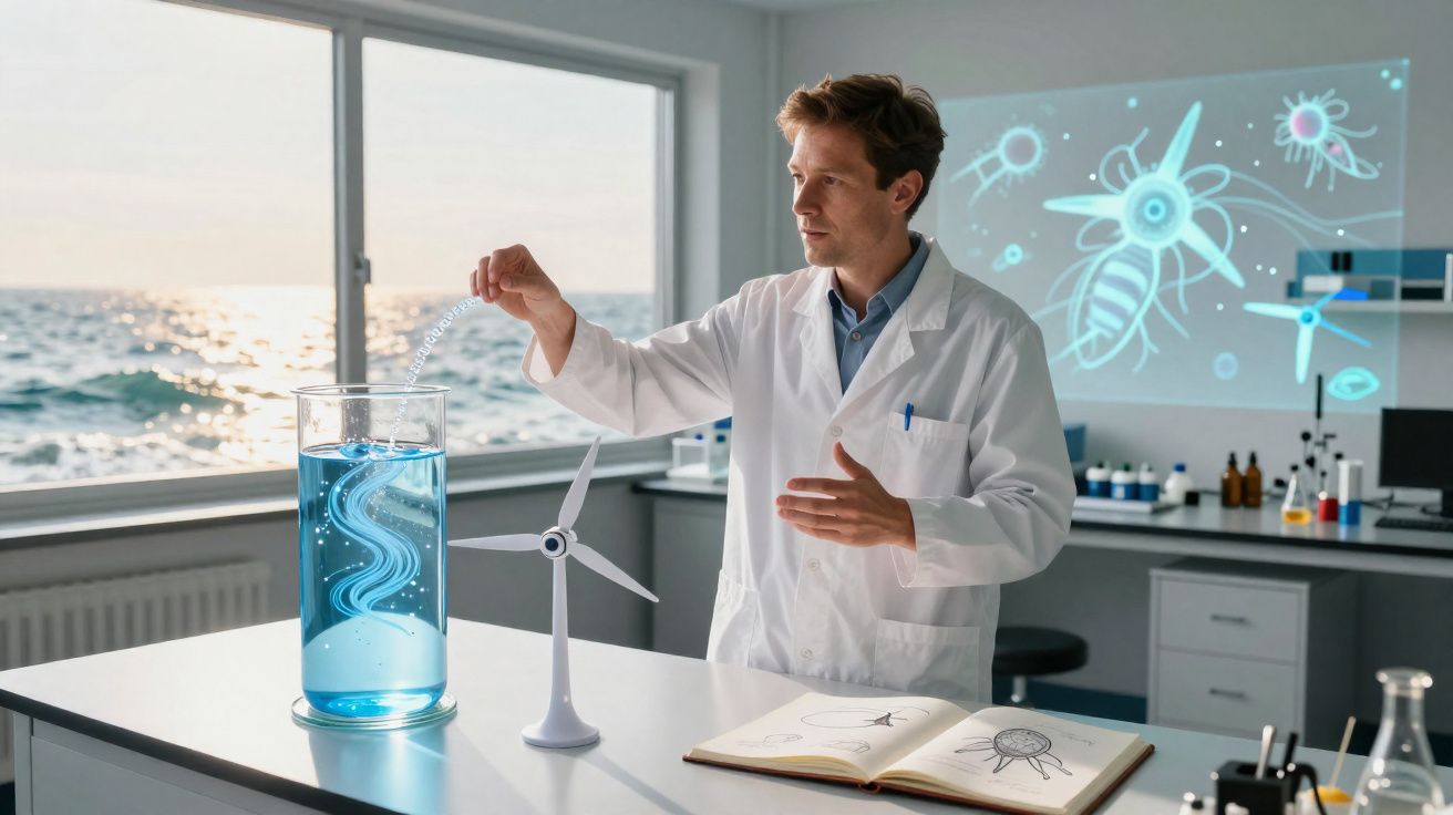 Cientista em laboratório a estudar modelo de turbina e projeções de microorganismos com mar ao fundo.