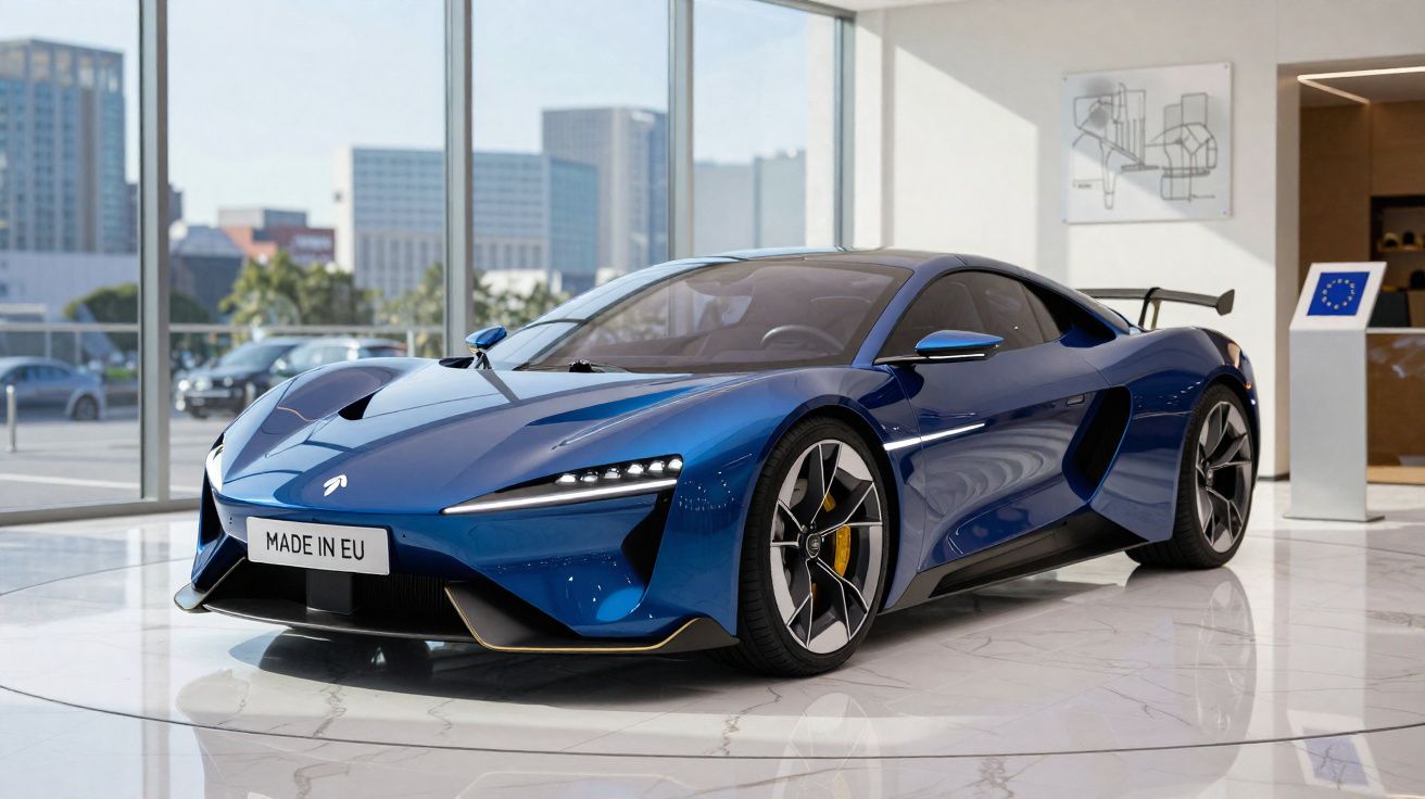 Carro desportivo azul metálico com design aerodinâmico exibido num showroom moderno com grandes janelas.