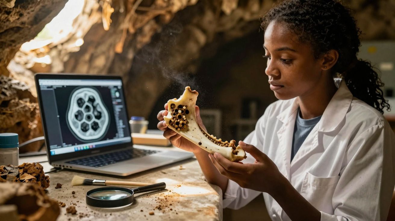 Mulher cientista analisa mandíbula com fósseis, computador e lupa numa mesa dentro de uma caverna.