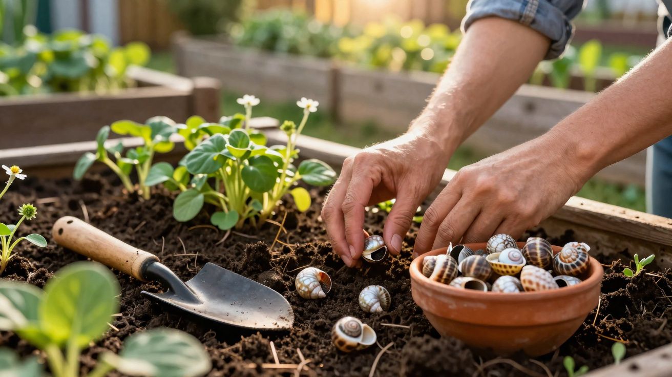 Mãos a colocar caracóis num canteiro de terra, com um vaso e uma espátula ao lado.