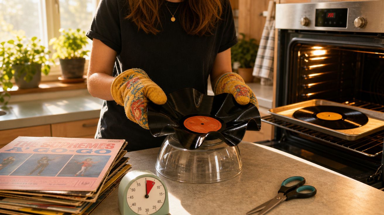 Pessoa a moldar vinil no forno com luvas térmicas numa cozinha com vários discos na mesa.