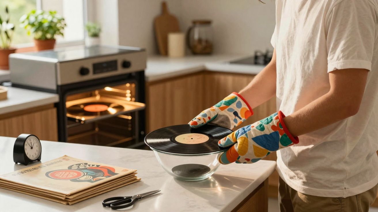 Pessoa a usar luvas a retirar disco de vinil de tigela numa cozinha moderna com forno ao fundo aberto.