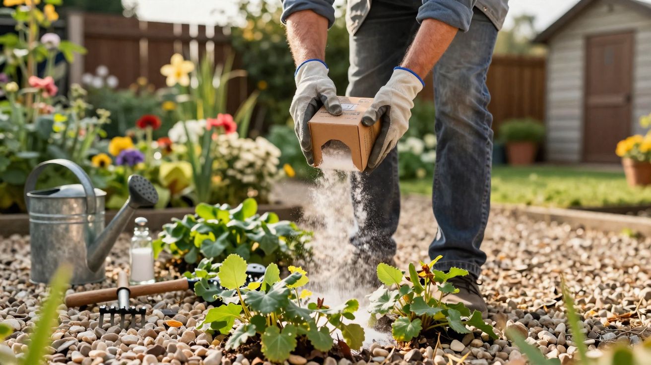 Pessoa a aplicar fertilizante em plantas num jardim com flores e regador metálico ao lado.