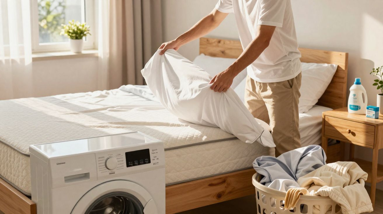 Pessoa a colocar roupa limpa na cama, com máquina de lavar e cesta de roupa suja ao lado.