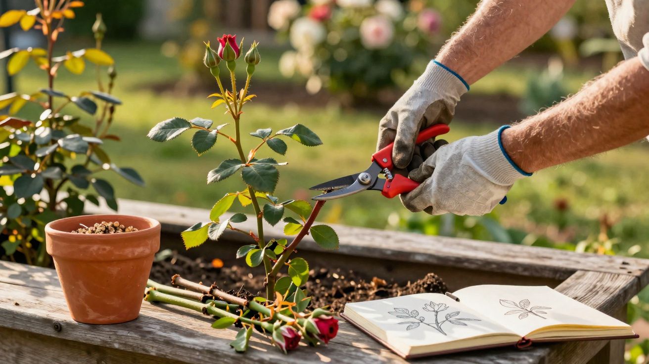 Pessoa com luvas a podar um ramo de rosa vermelha num jardim, com livro de botânica aberto ao lado.