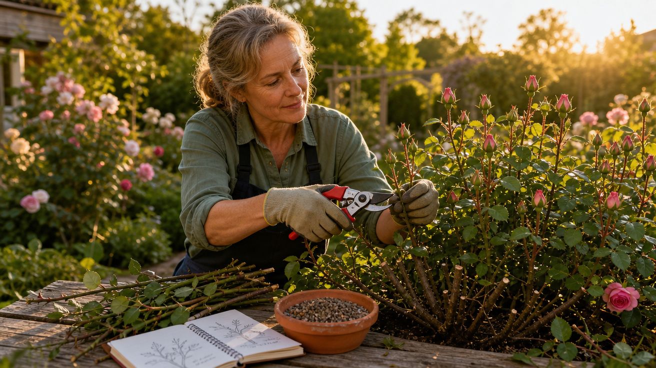 Mulher a podar rosas num jardim com tesoura de jardinagem ao entardecer.