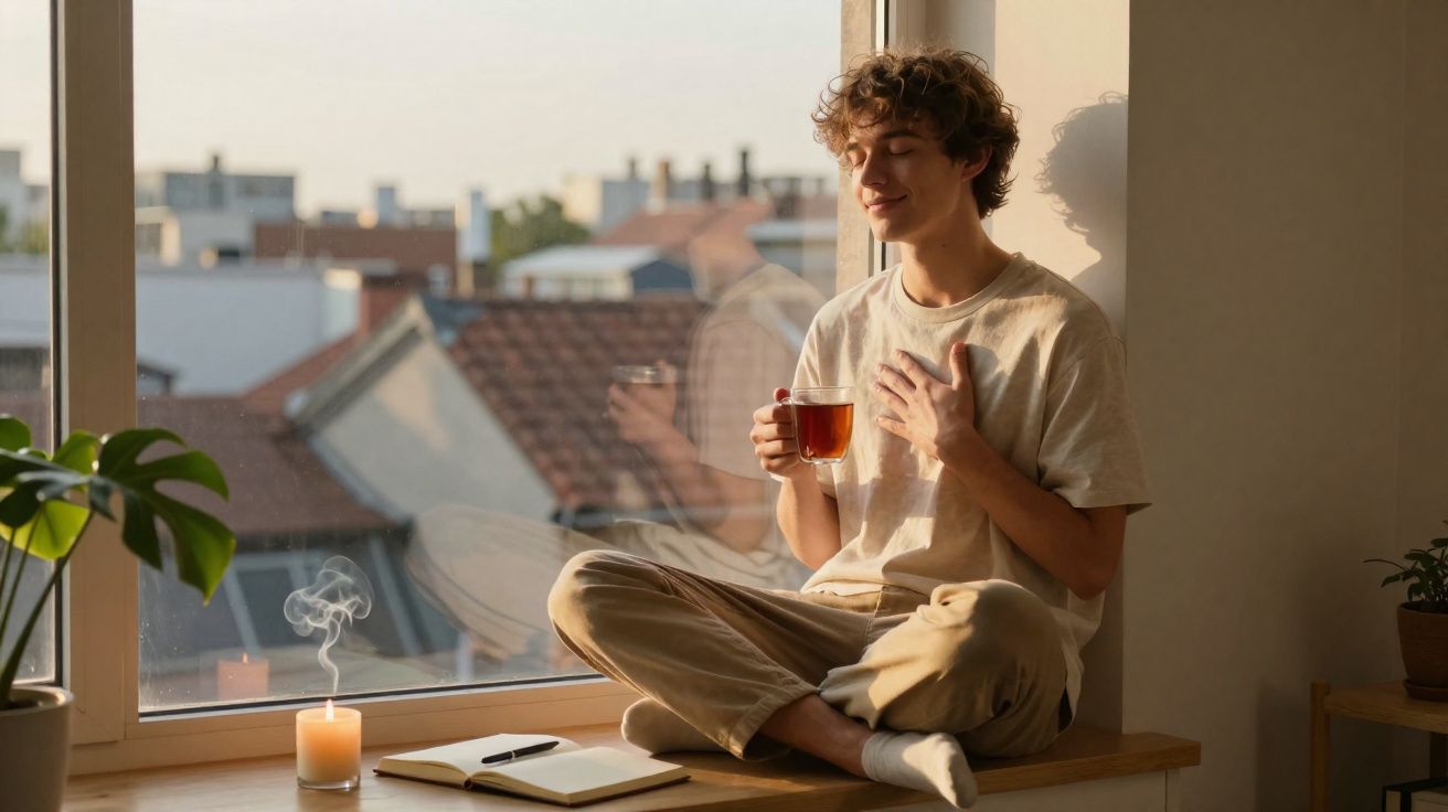 Jovem sentado à janela a beber chá, com olhos fechados e expressão serena, acompanhado de vela e caderno.