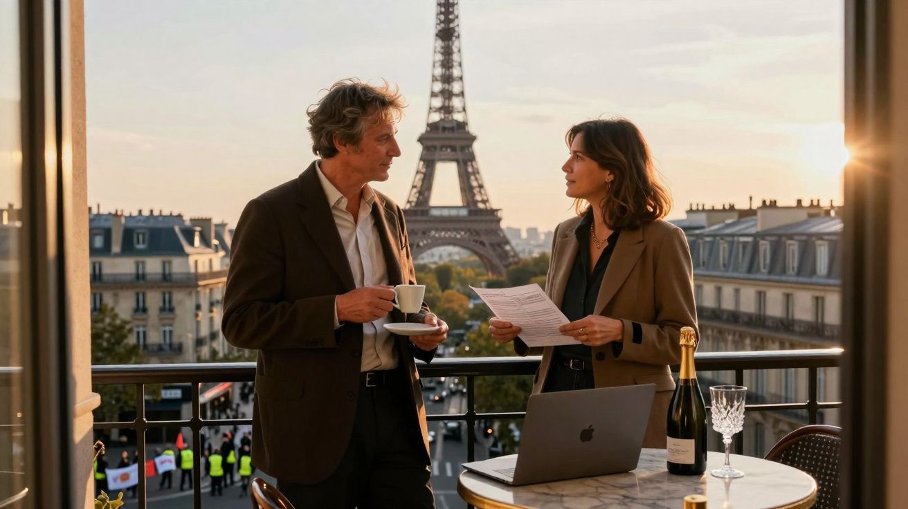 Homem e mulher conversam no terraço com vista para a Torre Eiffel ao pôr do sol, com laptop e champanhe na mesa.