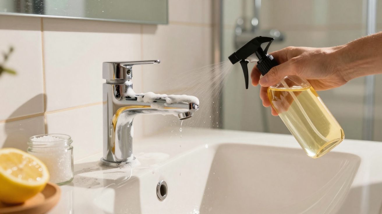 Pessoa a limpar torneira de casa de banho com spray e esponja, com limão e sal ao lado.