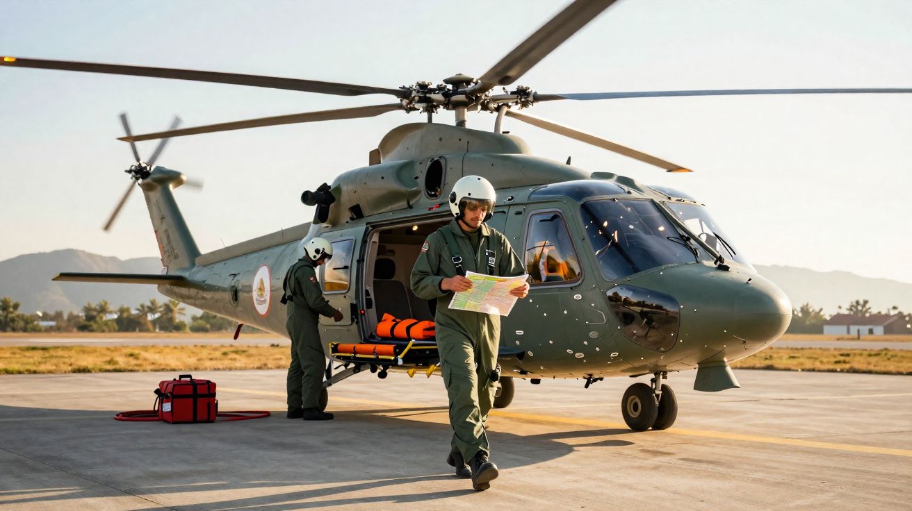 Helicóptero militar verde com tripulantes em fatos de voo e capacetes no chão de heliporto ao pôr do sol.