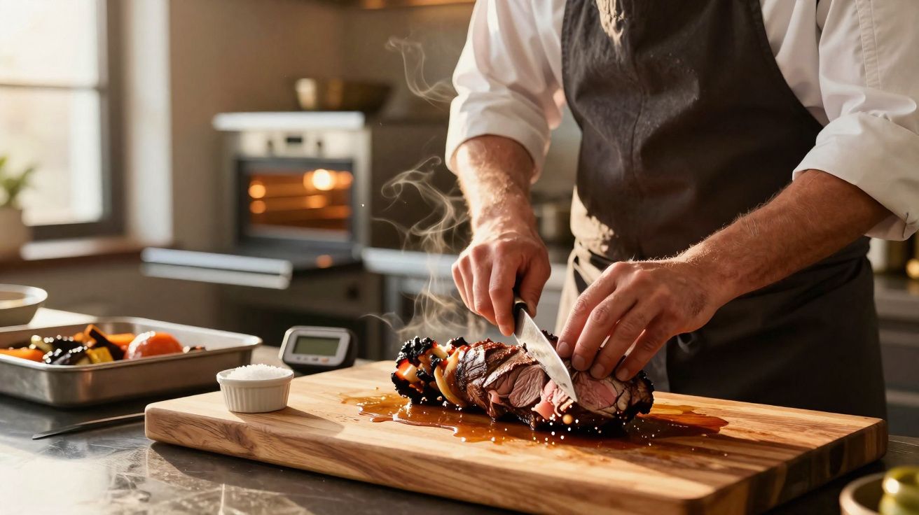 Chef a cortar carne assada fumegante numa tábua de madeira numa cozinha moderna.