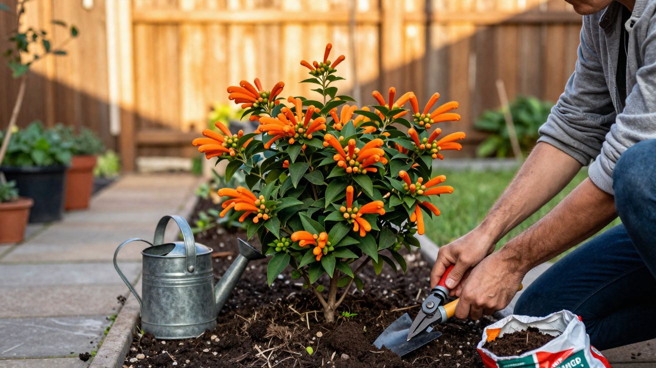 Pessoa a cuidar de planta com flores laranja num jardim, usando tesoura de poda e regador metálico ao lado.