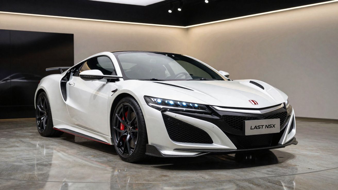 Carro desportivo branco Honda NSX estacionado em espaço interior com iluminação moderna.