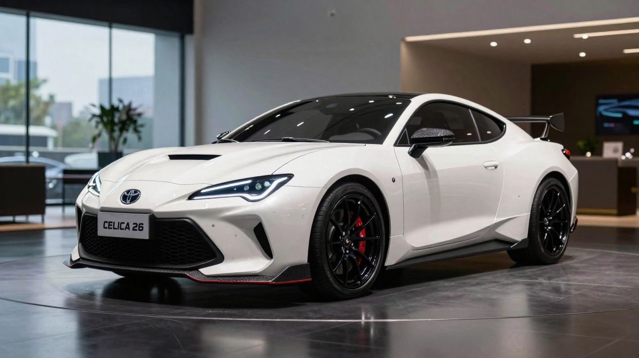 Carro desportivo branco Toyota Celica 26 estacionado em salão moderno com jantes pretas e faróis LED acesos.