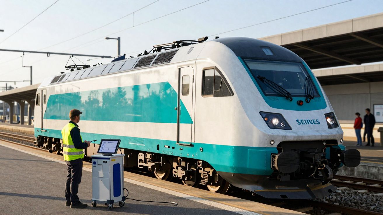 Técnico com colete amarelo inspeciona comboio Seines numa plataforma de estação ferroviária ao ar livre.