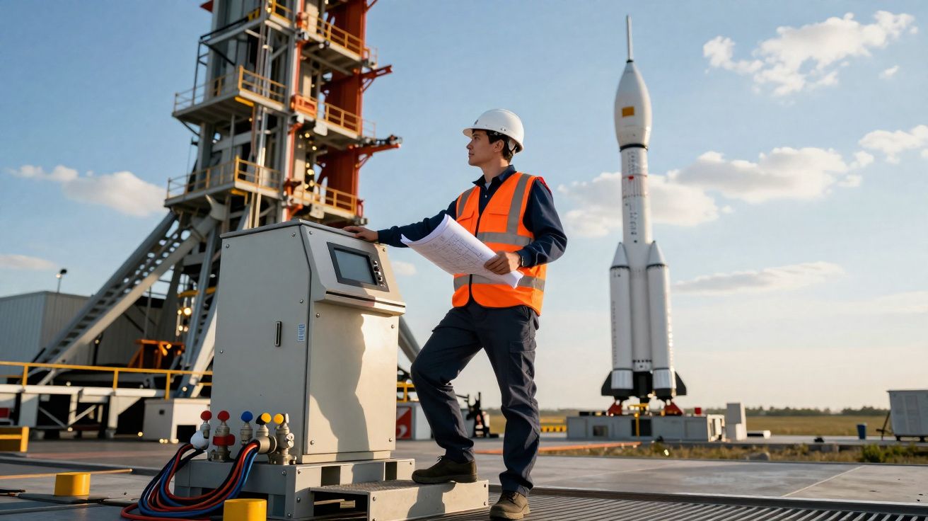 Engenheiro com capacete e colete consultando o painel de controlo na plataforma de lançamento de foguetão.