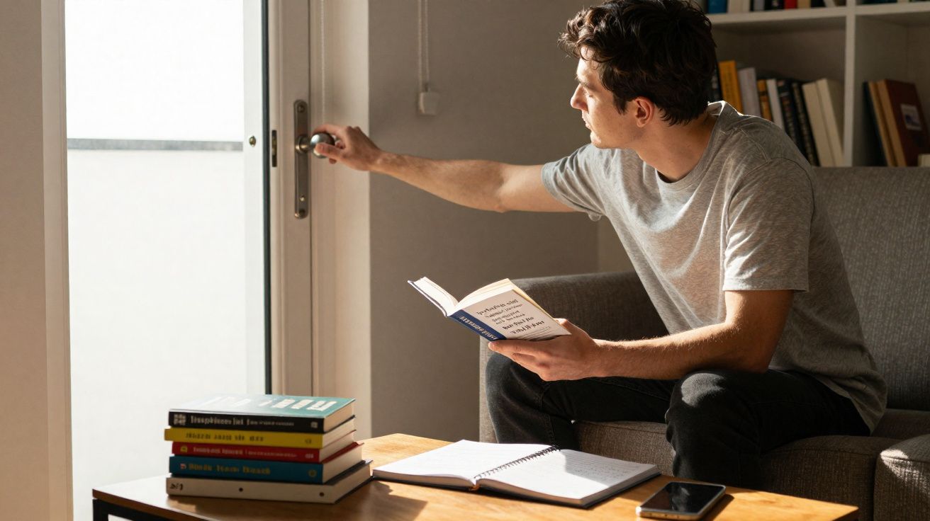 Homem sentado no sofá a ler um livro e a abrir a porta com a mão direita.
