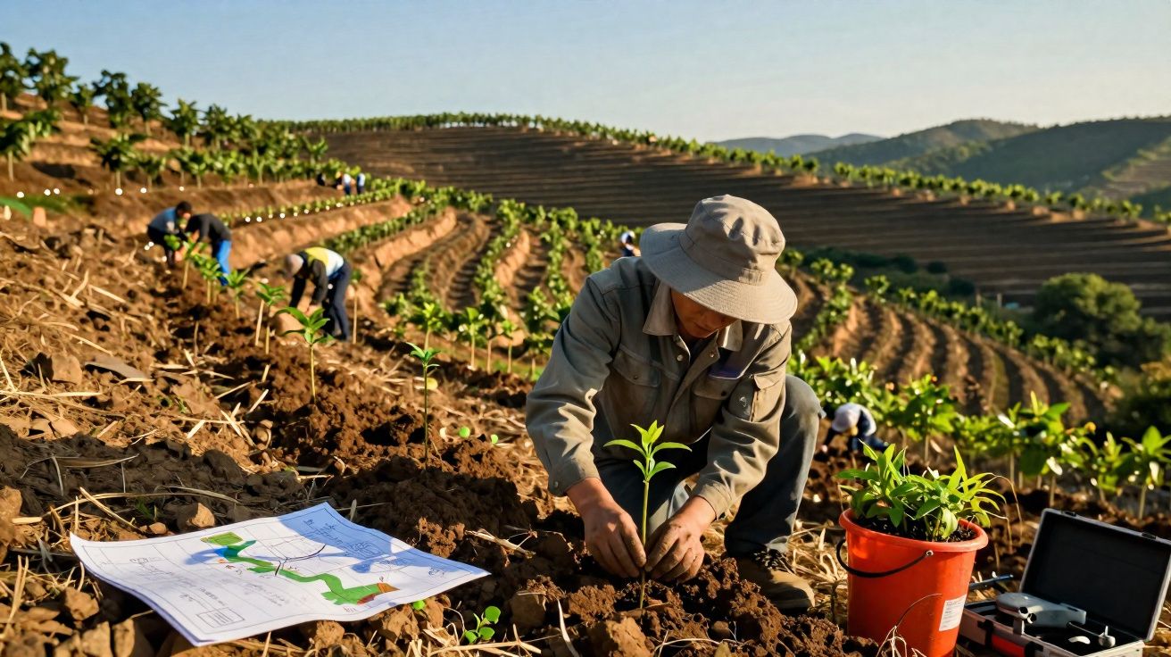 Agricultor com chapéu a plantar muda numa encosta cultivada em socalcos com várias plantas.
