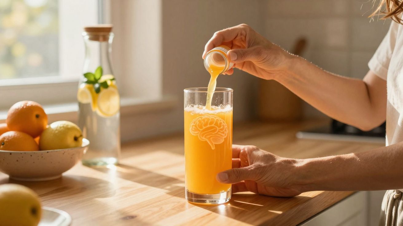 Pessoa a verter sumo de laranja num copo num balcão de cozinha iluminado pela luz natural.