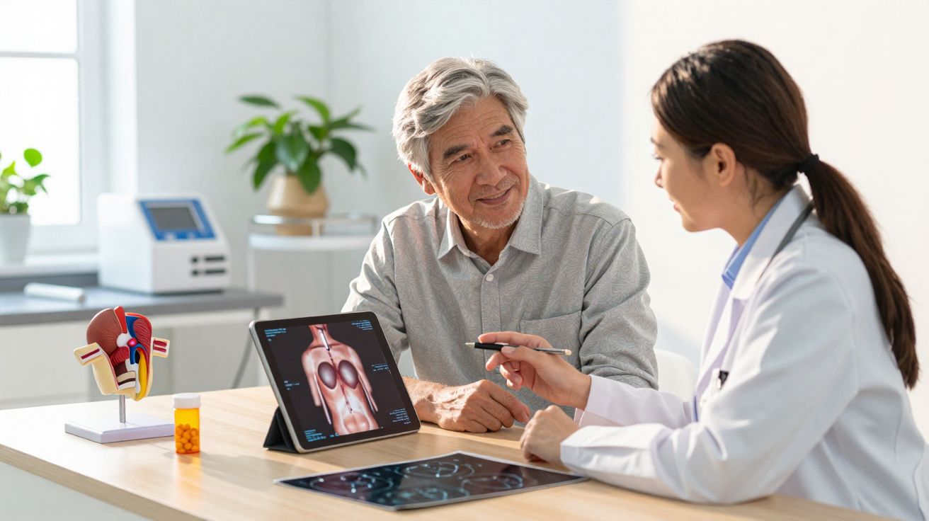 Médica explica a um idoso imagens médicas num tablet durante consulta num consultório moderno.