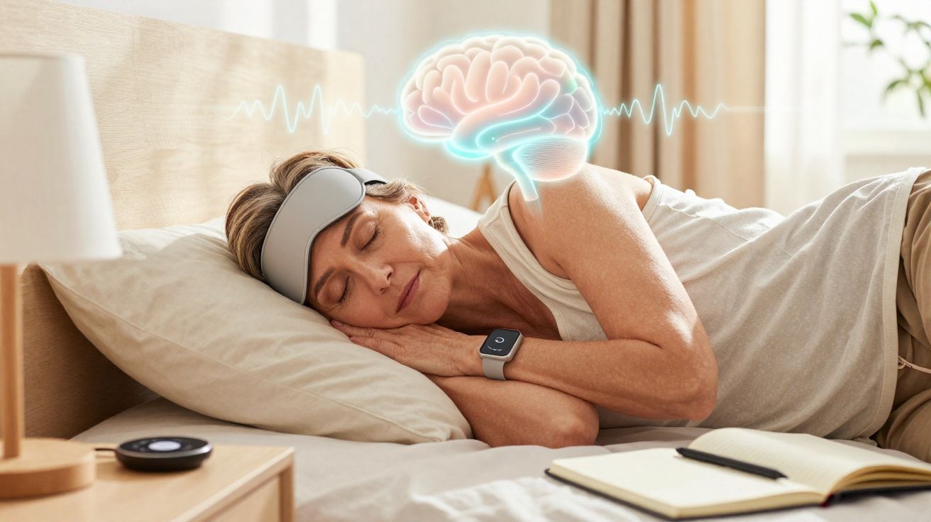 Mulher a dormir na cama com máscara nos olhos, relógio inteligente e ilustração de cérebro e ondas cerebrais.
