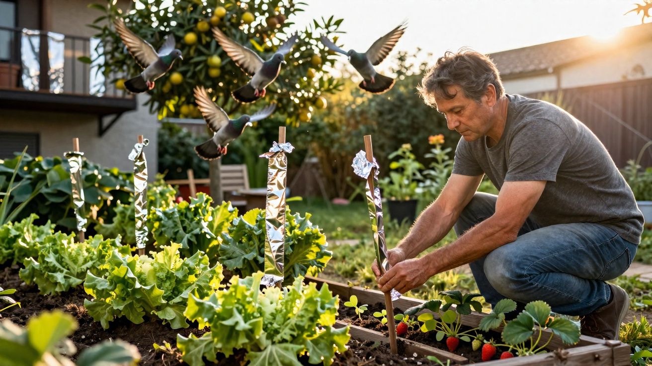 Homem a cuidar de plantas num jardim com pombos a voar e alfaces crescidas ao sol poente.