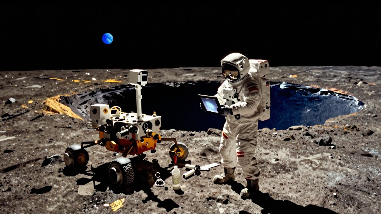 Astronauta com tablet junto a robô explorador lunar na superfície da Lua com Terra ao fundo.