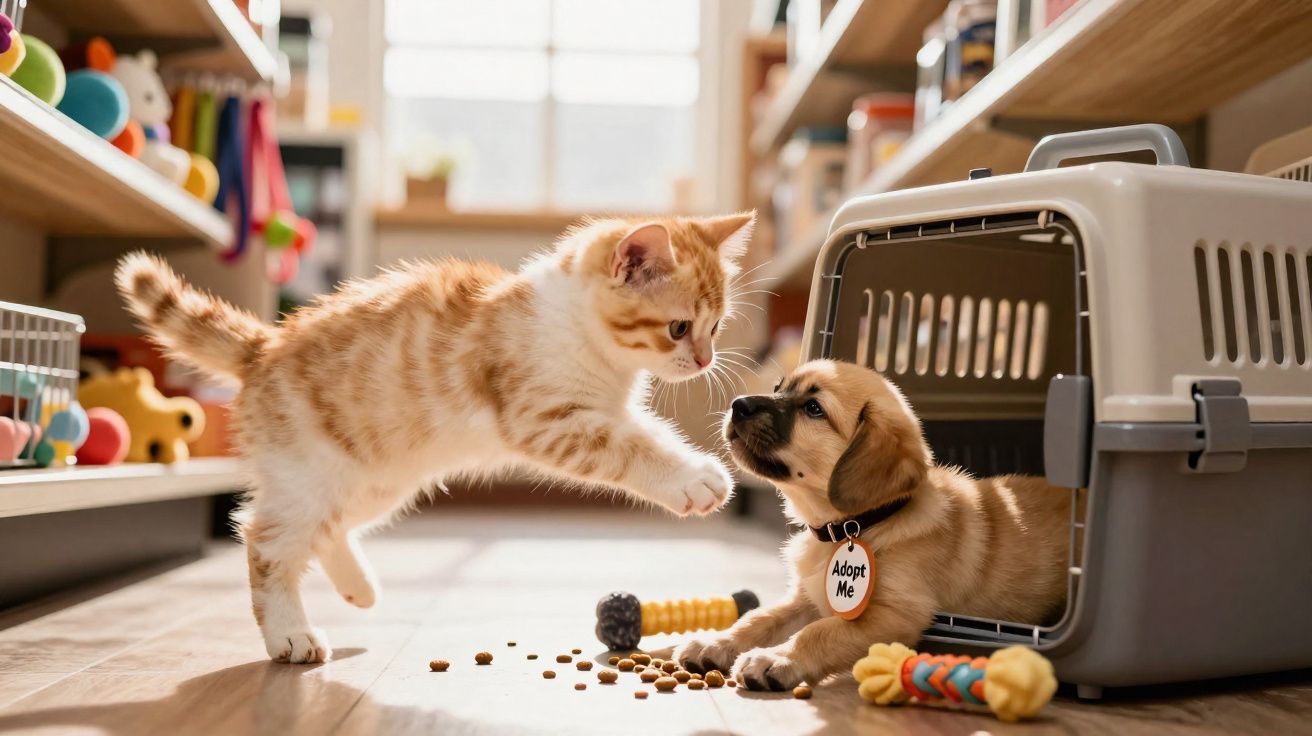 Gato laranja brinca com cachorro que está numa transportadora rodeado de brinquedos e comida.