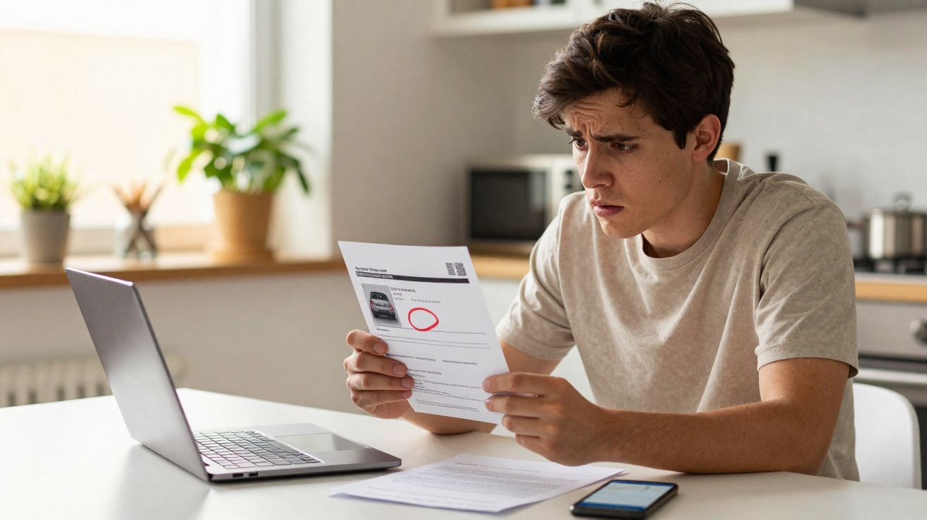 Jovem sentado numa mesa a ler um documento com expressão preocupada, com portátil e telemóvel à frente.