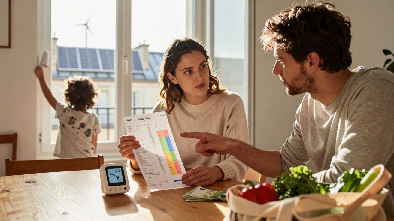 Casal discute faturas de energia enquanto criança observa janela com painéis solares e turbina eólica ao fundo.