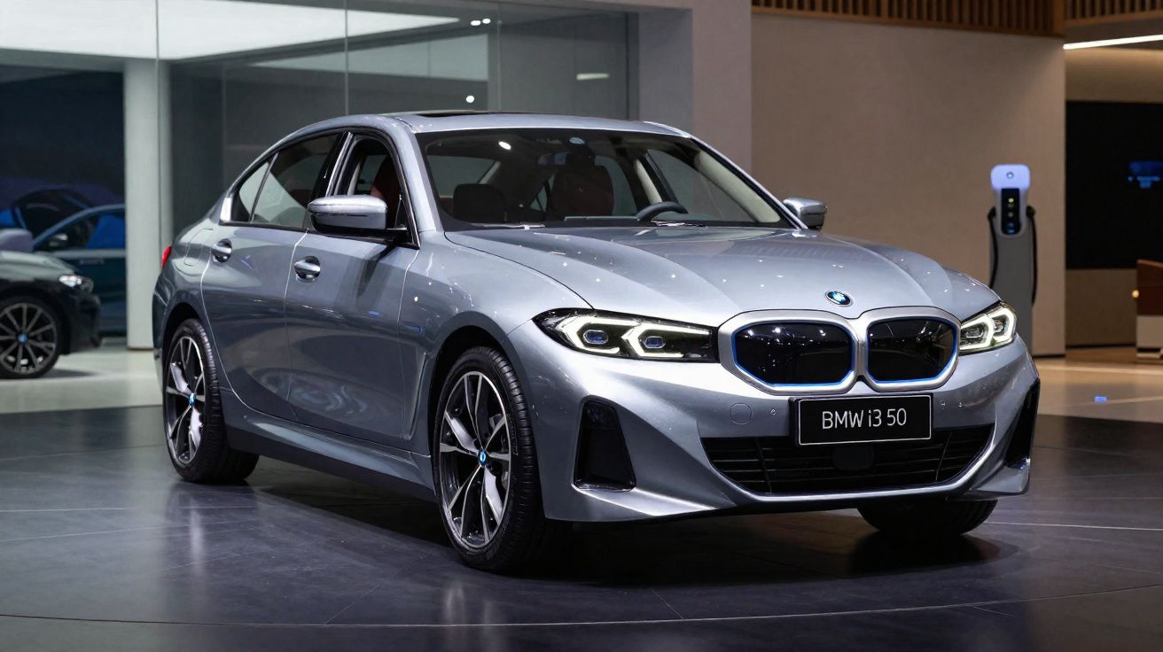 Carro elétrico BMW i3 50 cinza estacionado em interior moderno com posto de carregamento elétrico.