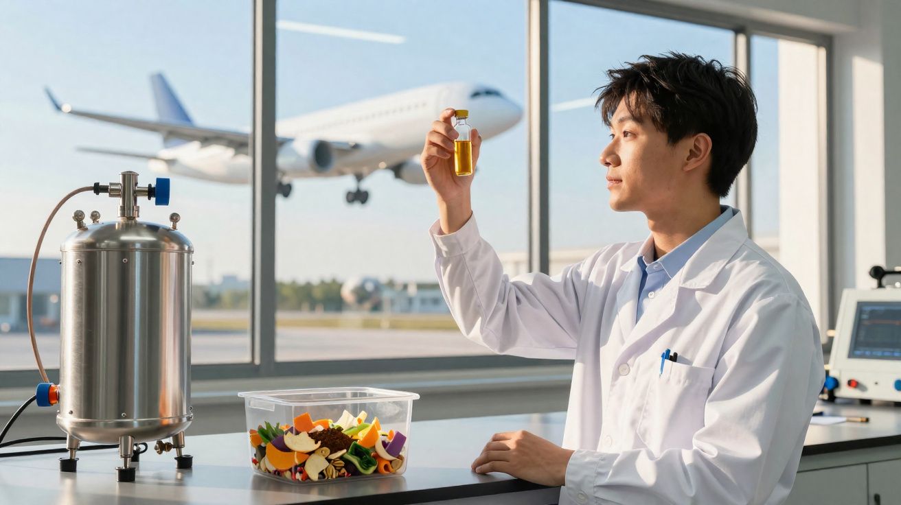 Cientista em laboratório com béquer a analisar líquido amarelo, avião a aterrar visível pela janela.