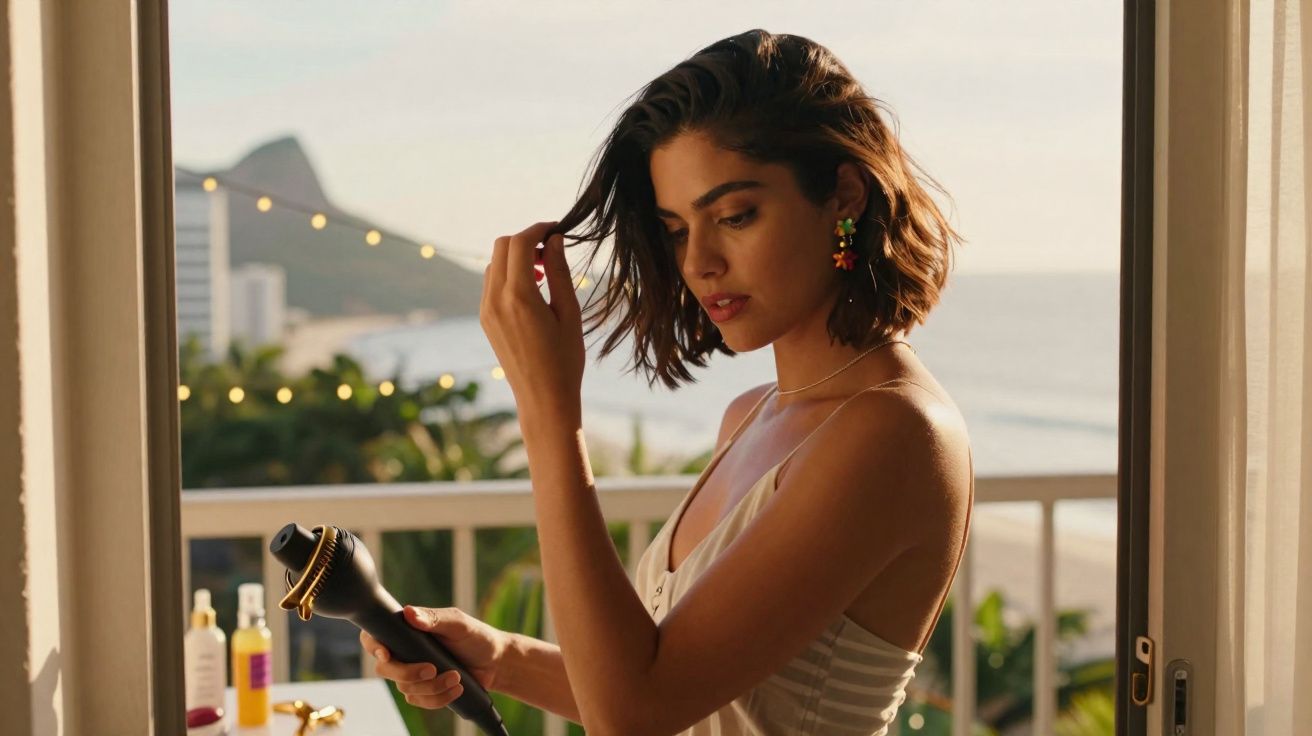 Mulher com vestido claro a usar secador de cabelo numa varanda com vista para o mar ao entardecer.