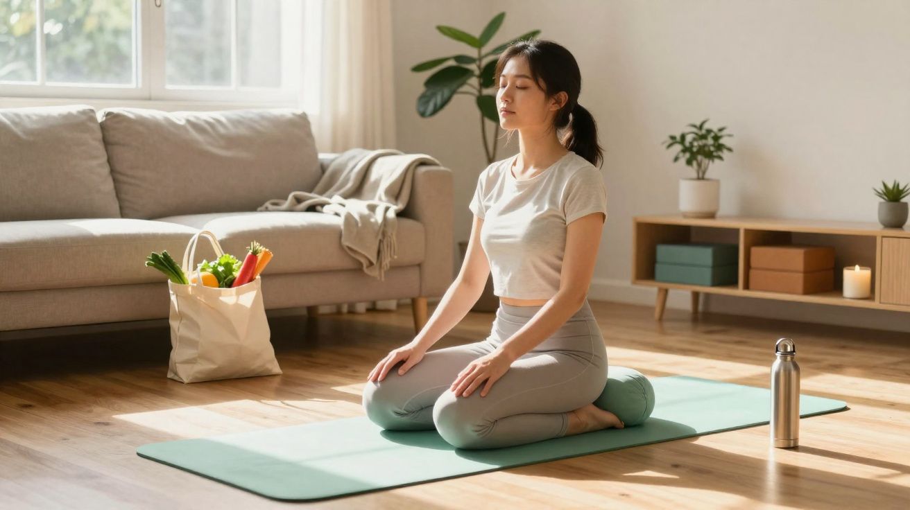 Mulher sentada em posição de meditação num tapete de yoga dentro de uma sala iluminada.