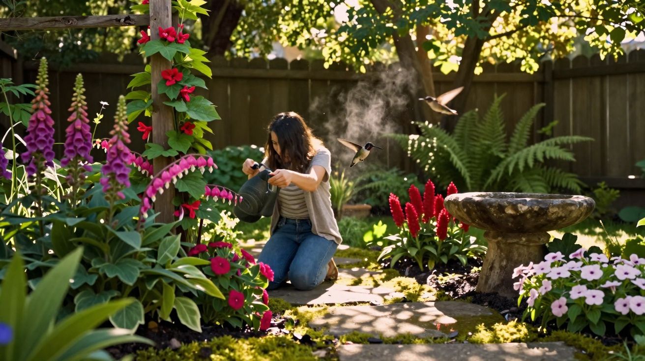 Jovem rega flores num jardim com bebedouro e beija-flores em ambiente iluminado pelo sol.