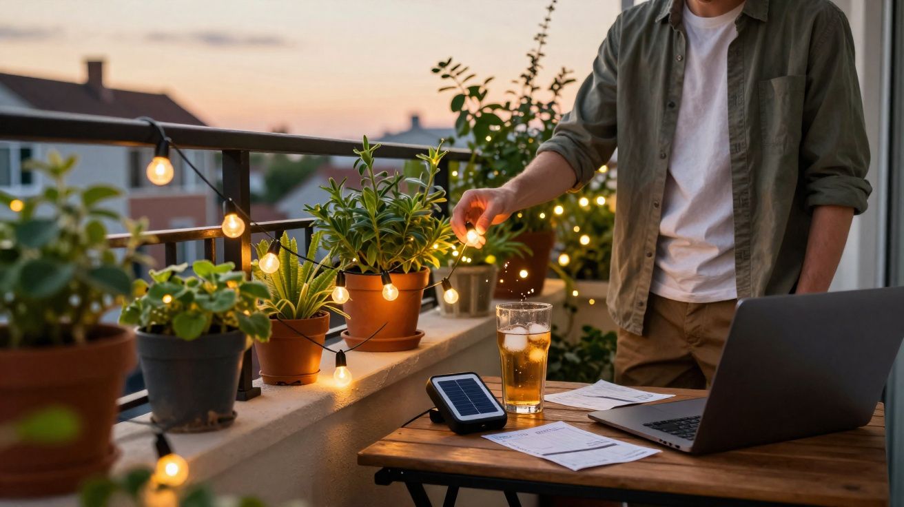 Pessoa a decorar varanda à noite com luzes, plantas, computador portátil e copo de bebida numa mesa de madeira.