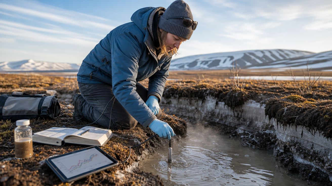 Cientista em roupa quente recolhe amostra de água congelada na tundra com montanhas ao fundo.