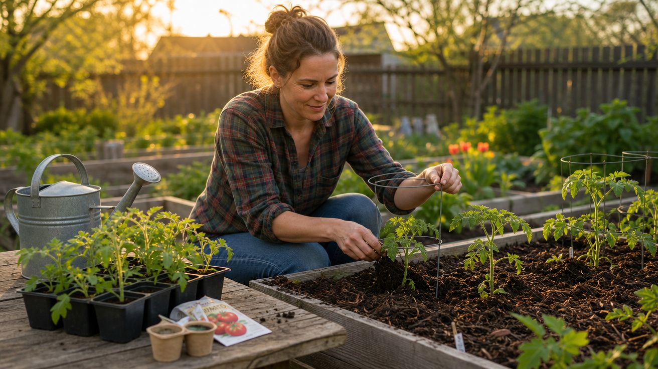 Mulher a cuidar de plantas jovens numa horta ao ar livre ao pôr do sol, com regador e sementes ao lado.